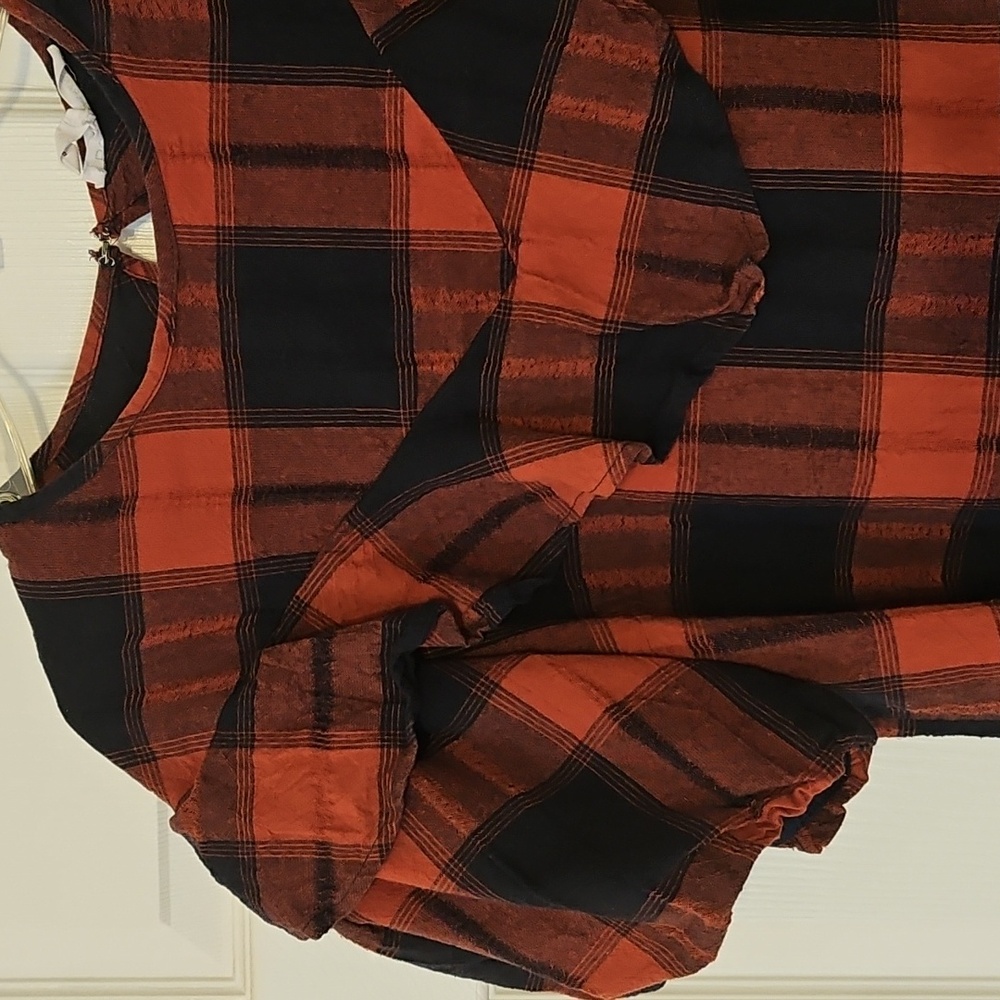 BCBGeneratiom Red and Blue Plaid and Check Blouse with Ruffles - Picture 5 of 15